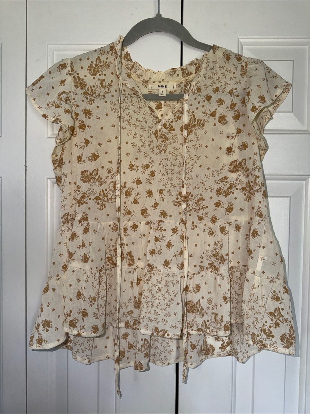 MINE Floral Print Brown & Cream Flowy Flutter Tie Neck Blouse